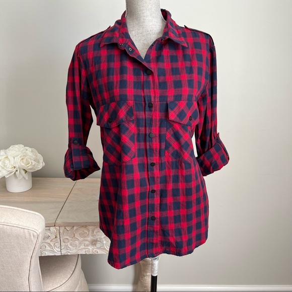 Sanctuary Navy Plaid Long Sleeve Snap Down Shirt Top Blouse Small - Picture 10 of 16